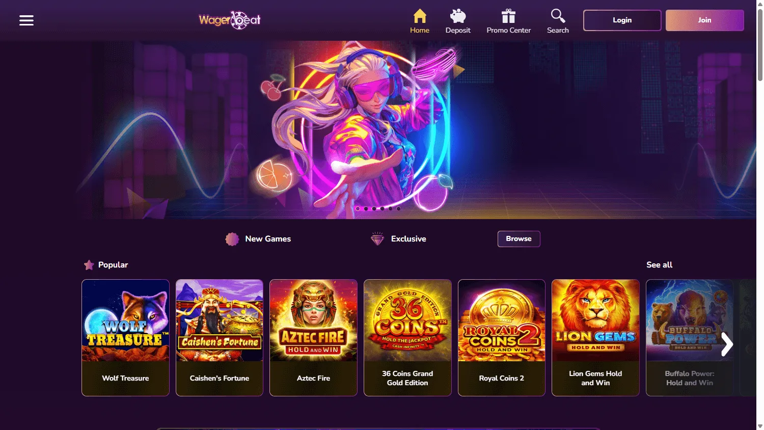 Wager Beat Casino desktop home view with casino content