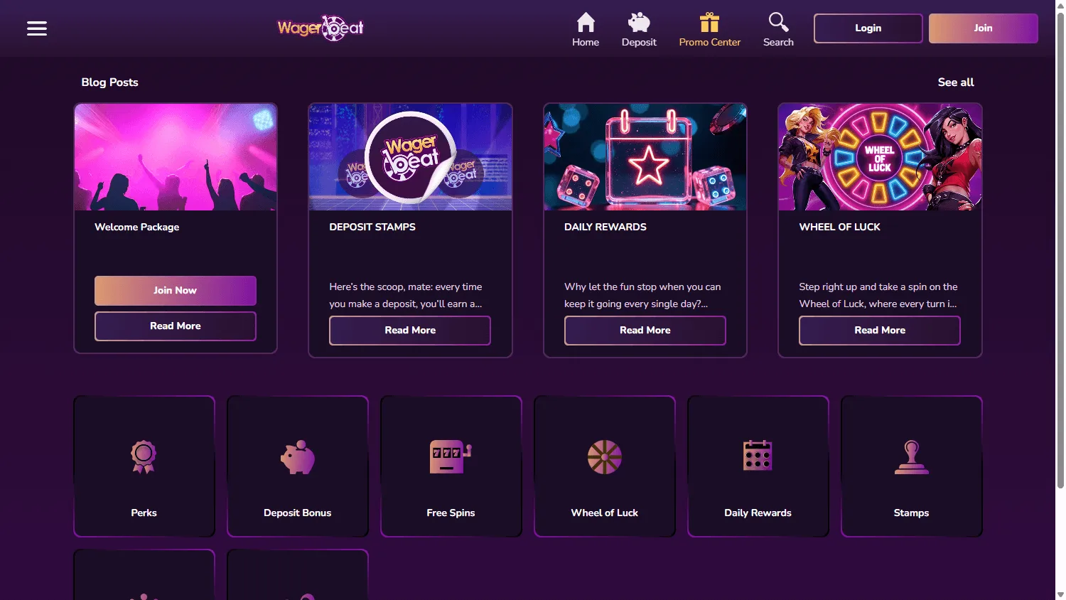 Wager Beat Casino desktop promotions view with available offers