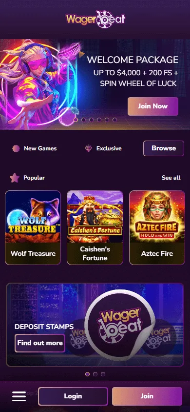 Wager Beat Casino mobile browser home view on a phone