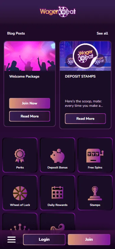 Wager Beat Casino mobile browser promotions view on a phone